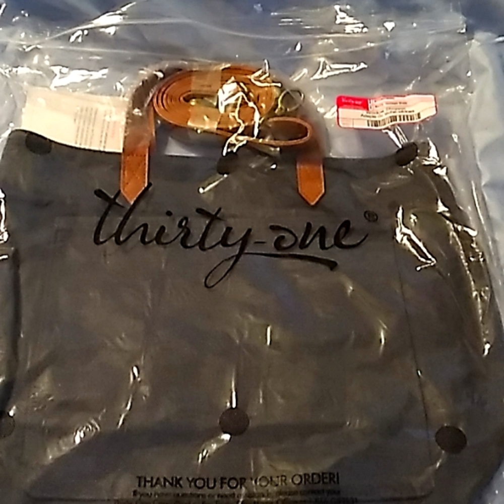 31 Denim window shopping bag with leather accents new